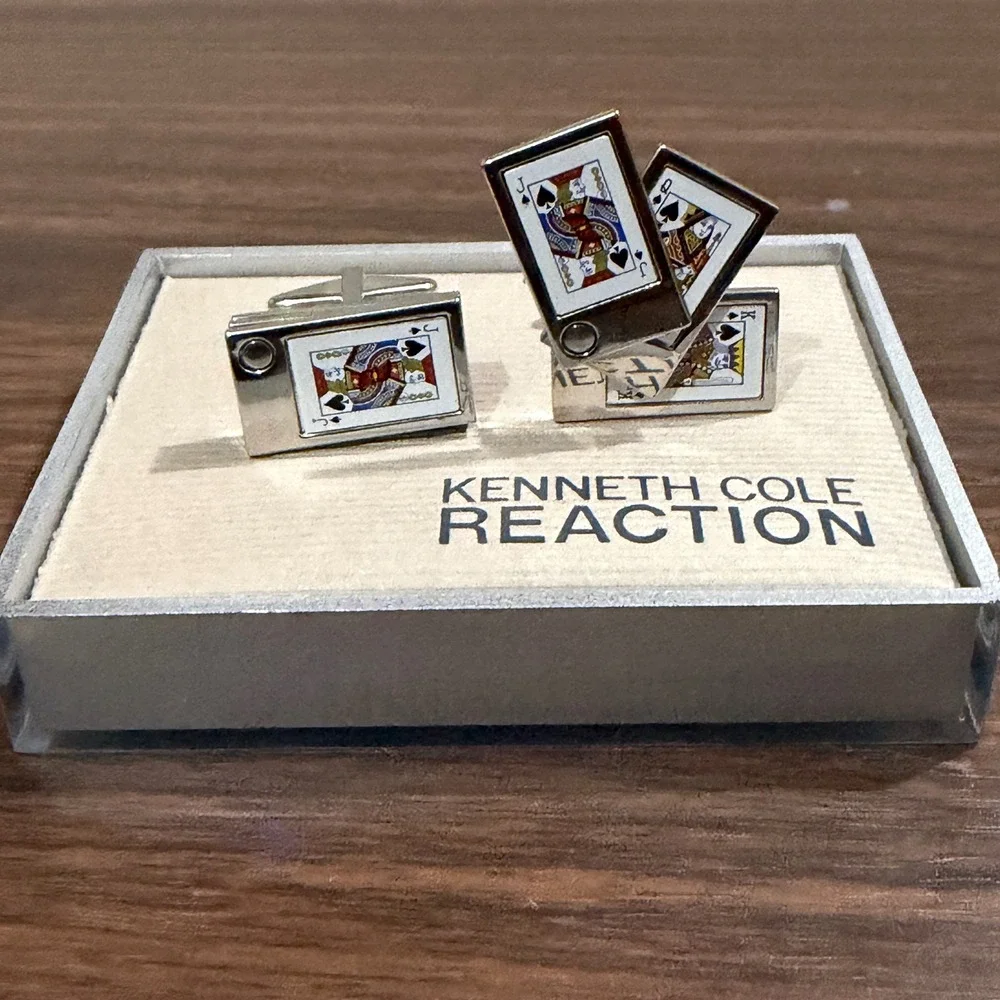 Kenneth Cole Reaction Cufflinks Mens Playing Cards Poker Silver Tone Novelty NWT